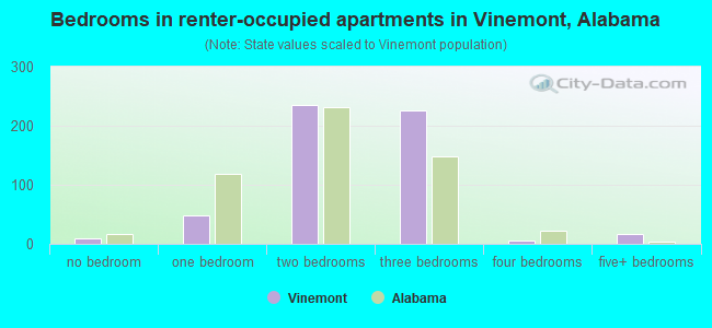 Bedrooms in renter-occupied apartments in Vinemont, Alabama