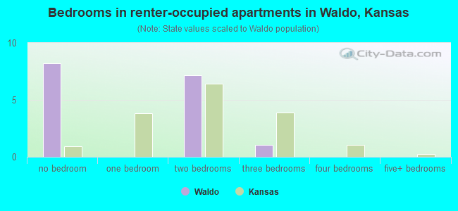 Bedrooms in renter-occupied apartments in Waldo, Kansas