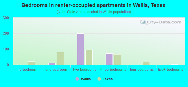 Bedrooms in renter-occupied apartments in Wallis, Texas