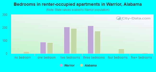 Bedrooms in renter-occupied apartments in Warrior, Alabama