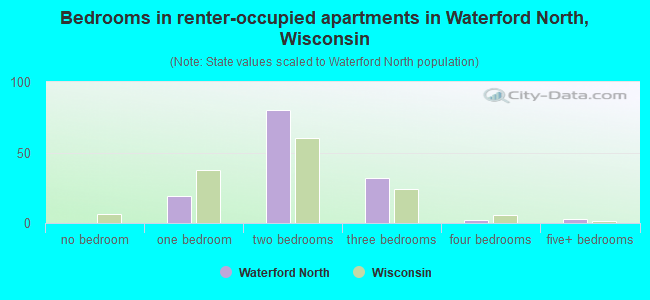 Bedrooms in renter-occupied apartments in Waterford North, Wisconsin
