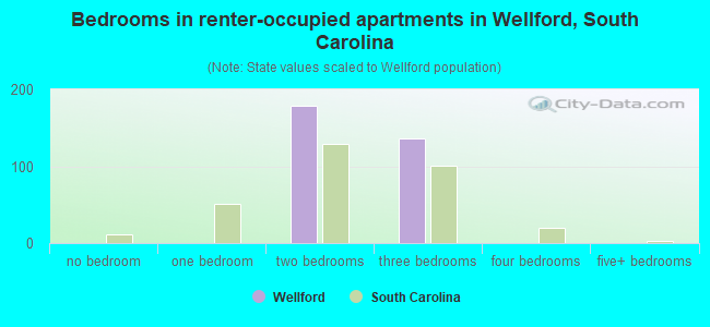 Bedrooms in renter-occupied apartments in Wellford, South Carolina