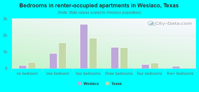 Bedrooms in renter-occupied apartments in Weslaco, Texas