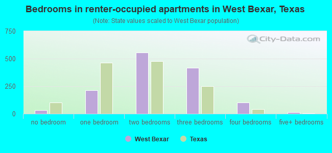 Bedrooms in renter-occupied apartments in West Bexar, Texas