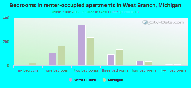 Bedrooms in renter-occupied apartments in West Branch, Michigan