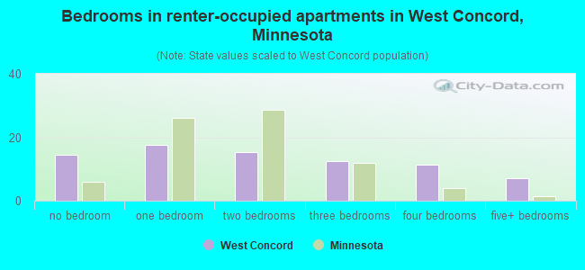 Bedrooms in renter-occupied apartments in West Concord, Minnesota