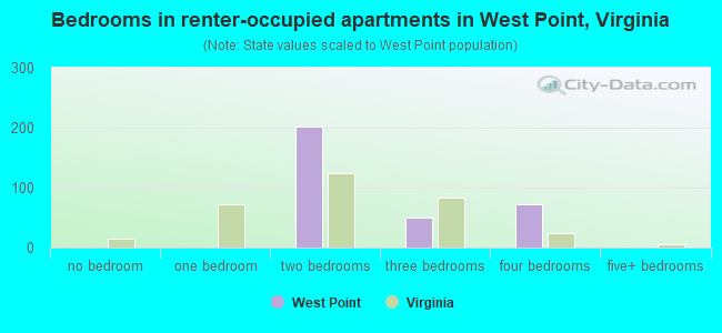 Bedrooms in renter-occupied apartments in West Point, Virginia