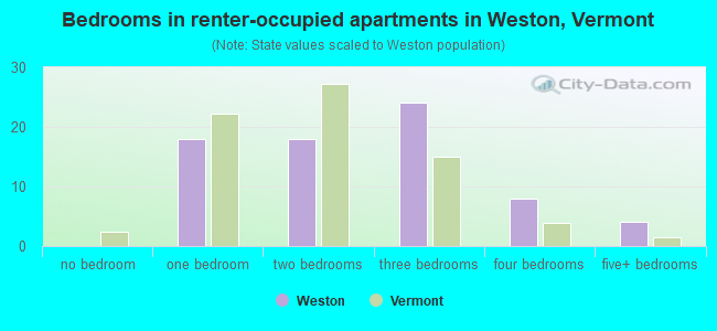 Bedrooms in renter-occupied apartments in Weston, Vermont