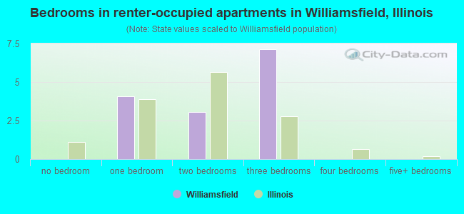 Bedrooms in renter-occupied apartments in Williamsfield, Illinois