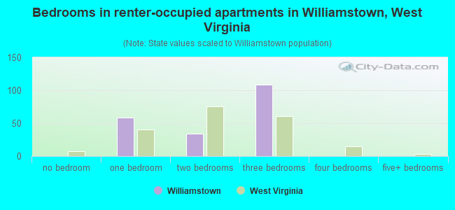Bedrooms in renter-occupied apartments in Williamstown, West Virginia