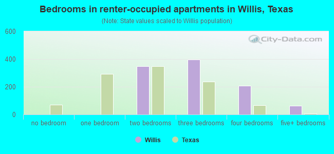 Bedrooms in renter-occupied apartments in Willis, Texas