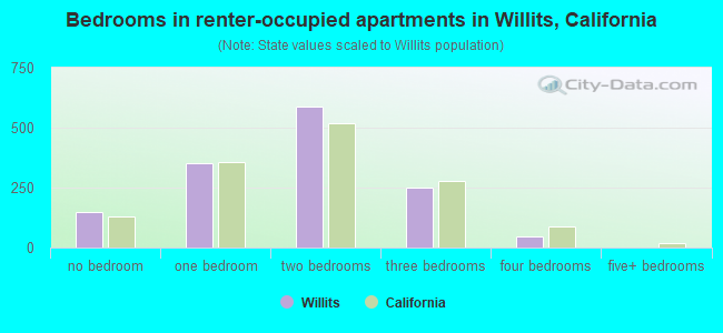 Bedrooms in renter-occupied apartments in Willits, California