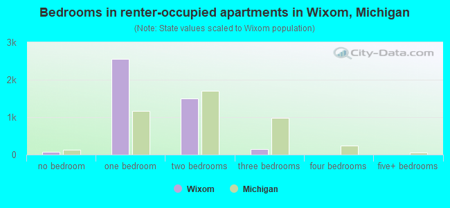 Bedrooms in renter-occupied apartments in Wixom, Michigan
