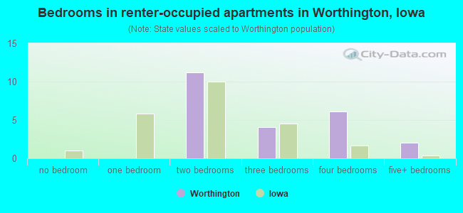 Bedrooms in renter-occupied apartments in Worthington, Iowa