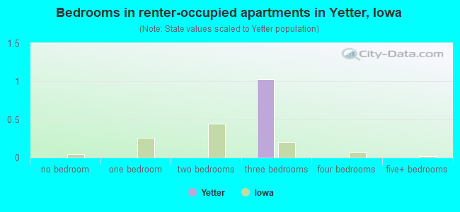 Bedrooms in renter-occupied apartments in Yetter, Iowa