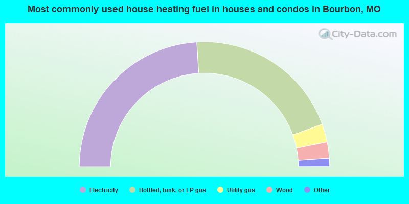 Most commonly used house heating fuel in houses and condos in Bourbon, MO