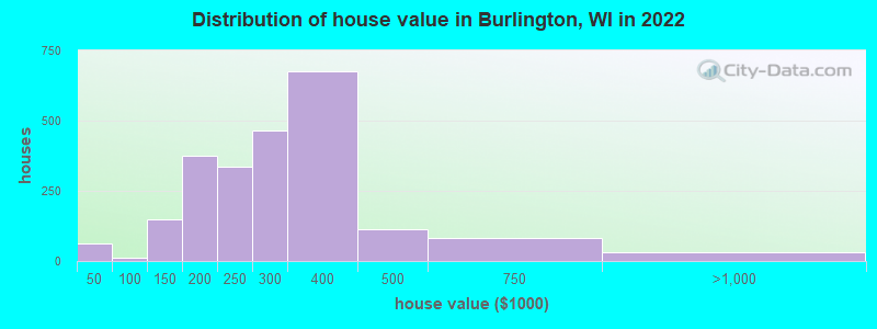 Distribution of house value in Burlington, WI in 2021