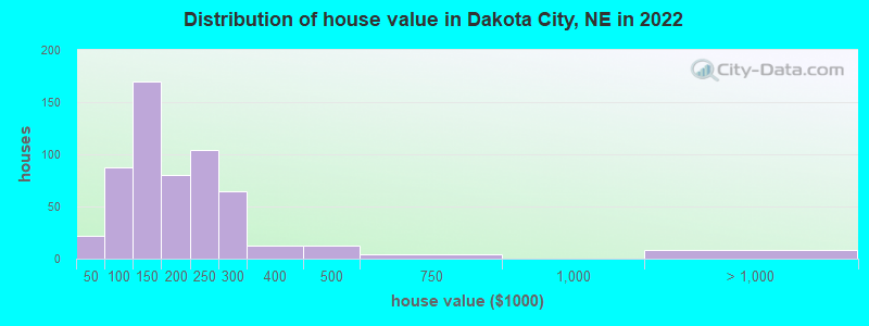 Distribution of house value in Dakota City, NE in 2019
