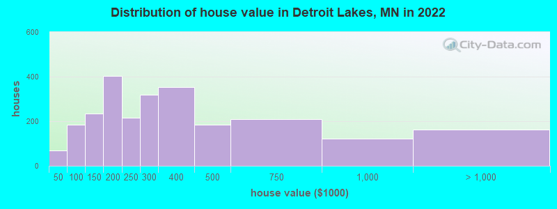 Distribution of house value in Detroit Lakes, MN in 2019