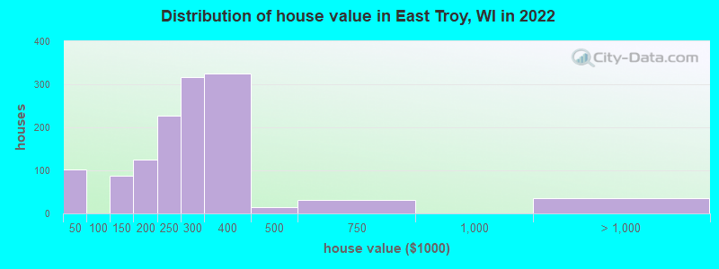 Distribution of house value in East Troy, WI in 2021