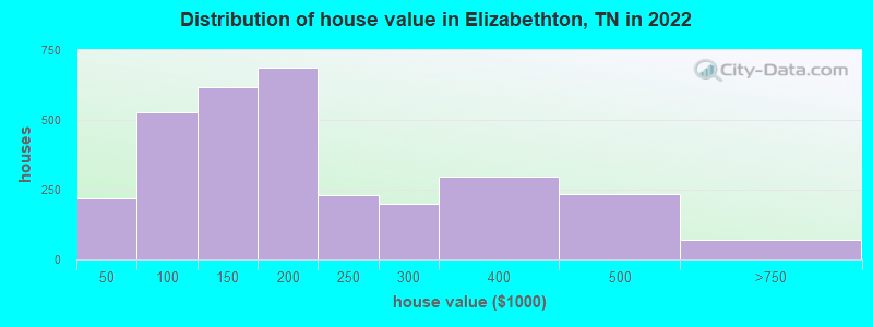 Distribution of house value in Elizabethton, TN in 2021