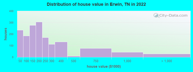 Distribution of house value in Erwin, TN in 2022