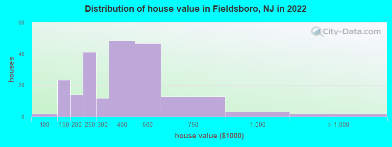Distribution of house value in Fieldsboro, NJ in 2022