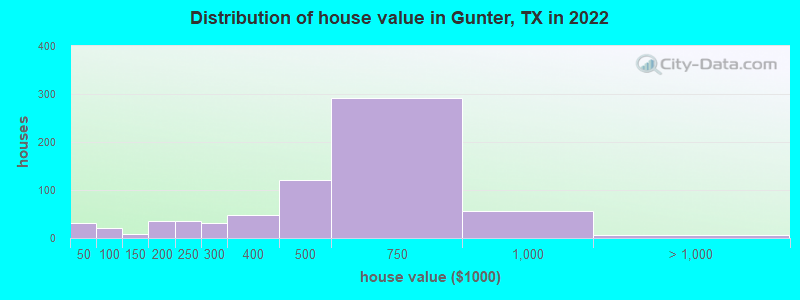Distribution of house value in Gunter, TX in 2019