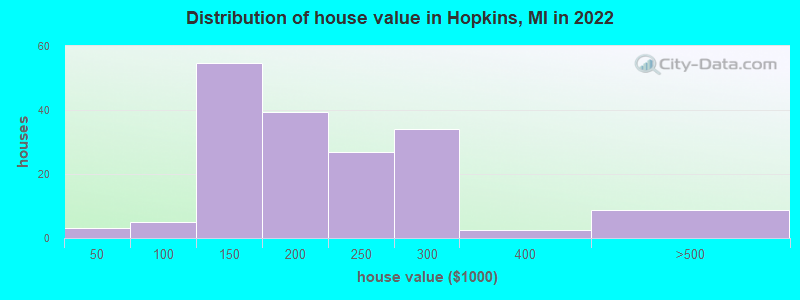 Distribution of house value in Hopkins, MI in 2022