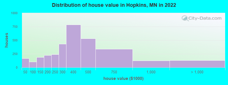 Distribution of house value in Hopkins, MN in 2021