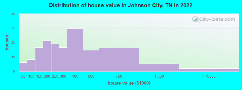 Distribution of house value in Johnson City, TN in 2022