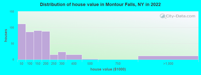 Distribution of house value in Montour Falls, NY in 2021