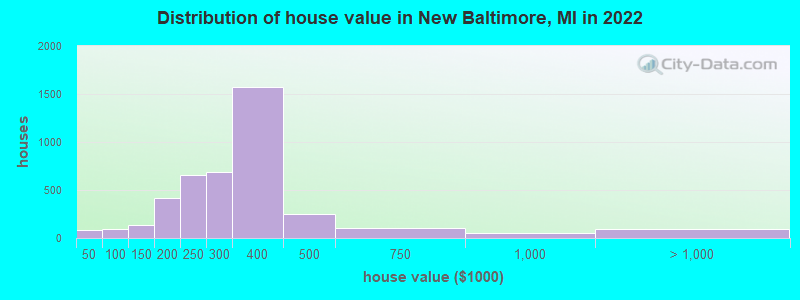 Distribution of house value in New Baltimore, MI in 2021