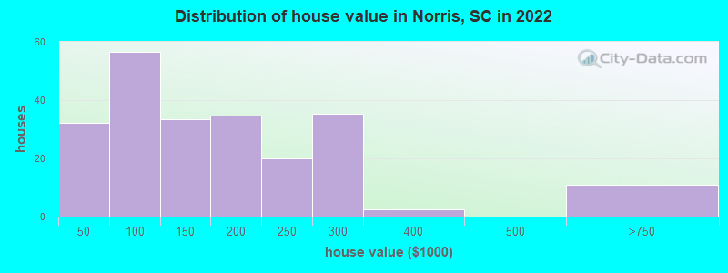 Distribution of house value in Norris, SC in 2021