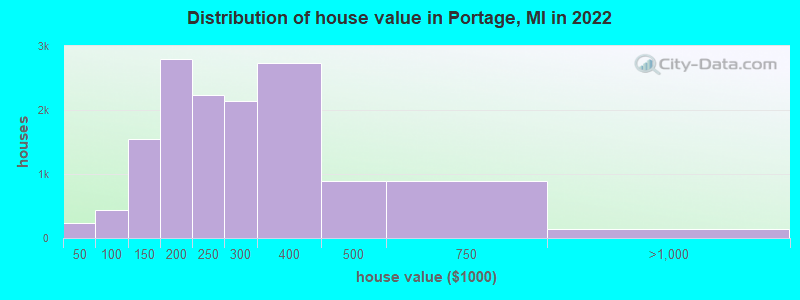Distribution of house value in Portage, MI in 2022
