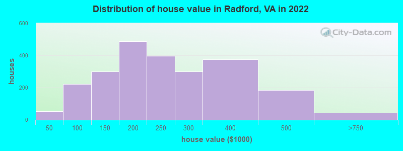Distribution of house value in Radford, VA in 2022