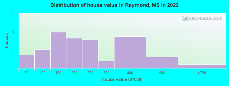 Distribution of house value in Raymond, MS in 2021