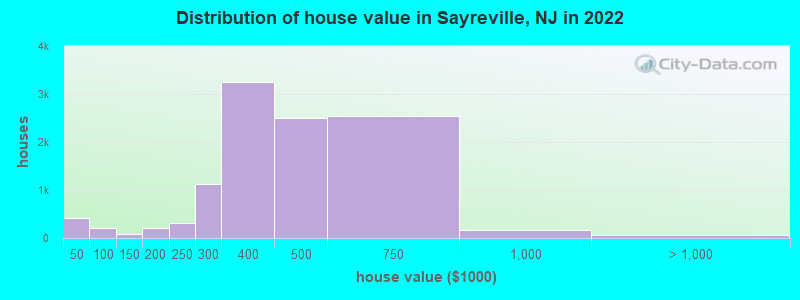 Distribution of house value in Sayreville, NJ in 2021