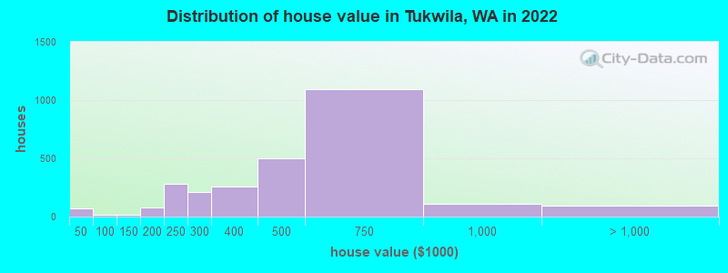 Distribution of house value in Tukwila, WA in 2021