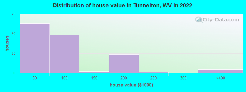Distribution of house value in Tunnelton, WV in 2022