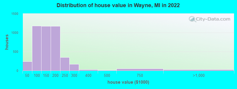 Distribution of house value in Wayne, MI in 2021