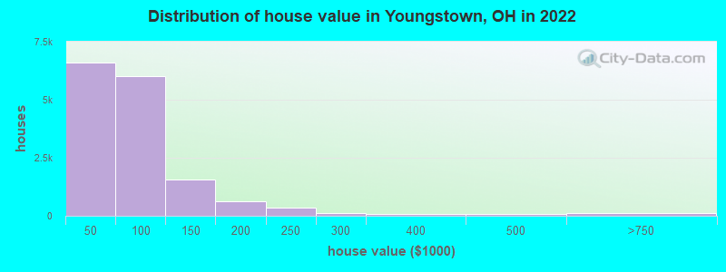 Distribution of house value in Youngstown, OH in 2021