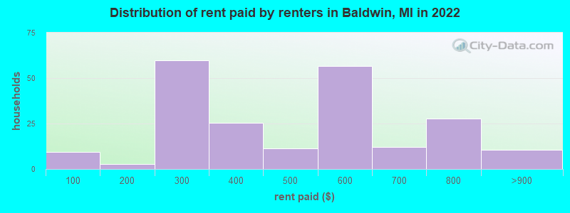 Distribution of rent paid by renters in Baldwin, MI in 2022