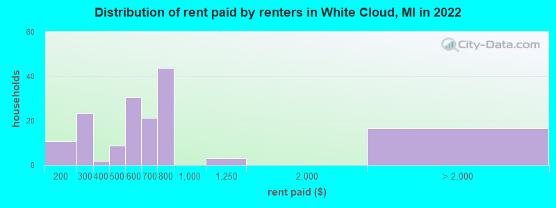 Distribution of rent paid by renters in White Cloud, MI in 2022