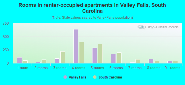 Rooms in renter-occupied apartments in Valley Falls, South Carolina