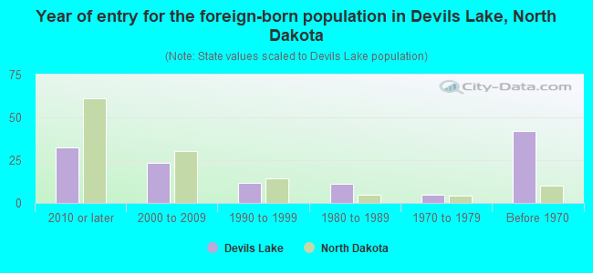 Year of entry for the foreign-born population in Devils Lake, North Dakota