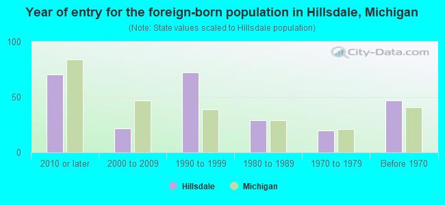 Year of entry for the foreign-born population in Hillsdale, Michigan