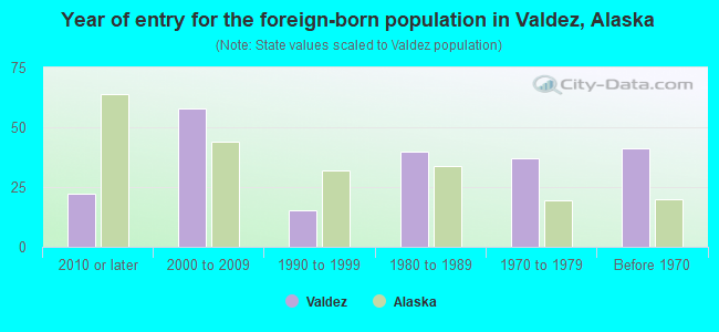 Year of entry for the foreign-born population in Valdez, Alaska