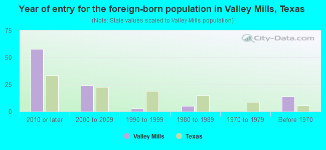 Year of entry for the foreign-born population in Valley Mills, Texas