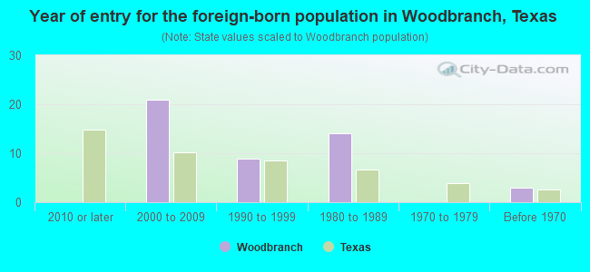 Year of entry for the foreign-born population in Woodbranch, Texas